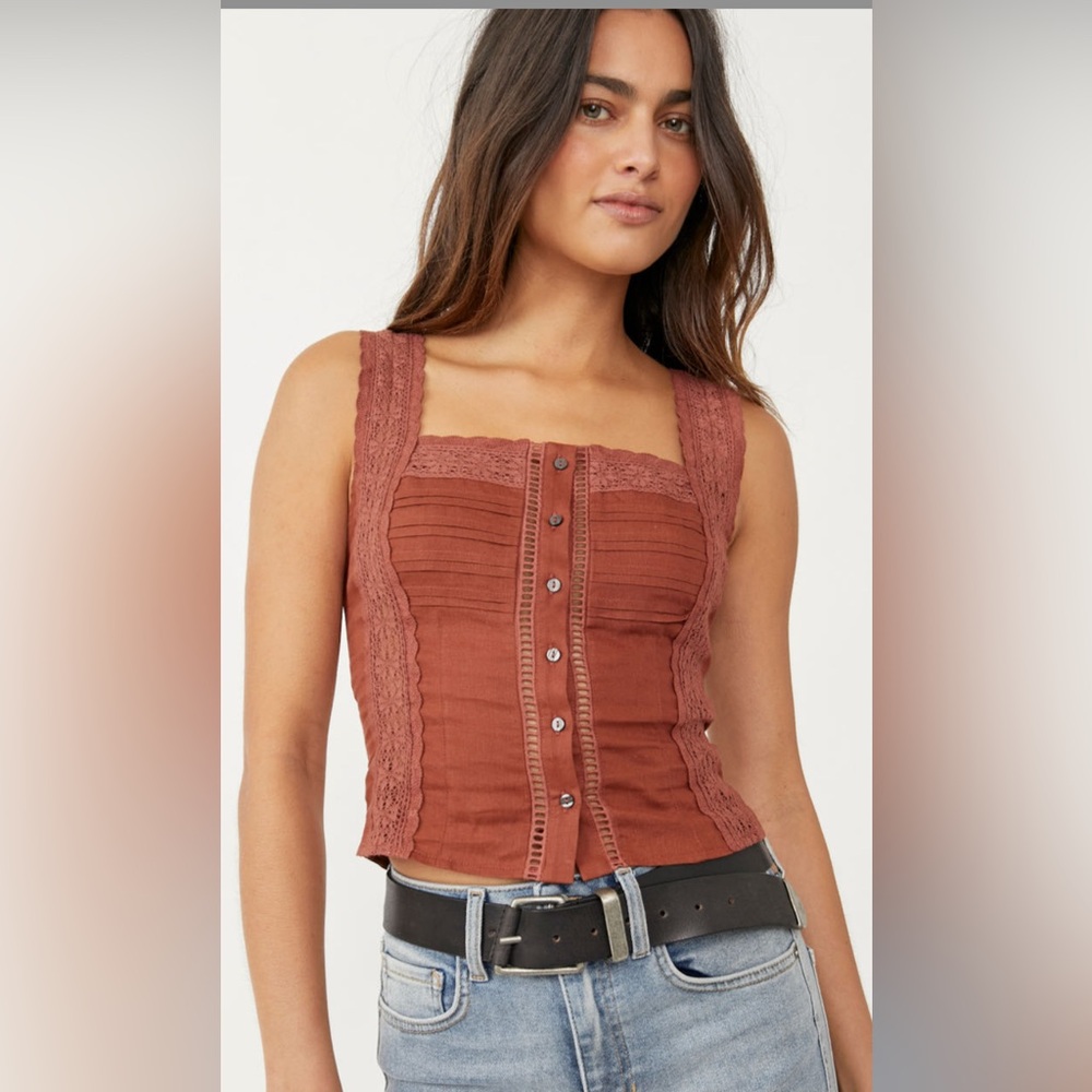 New! Free People Brown Maggie Lace Tank - Picture 2 of 9